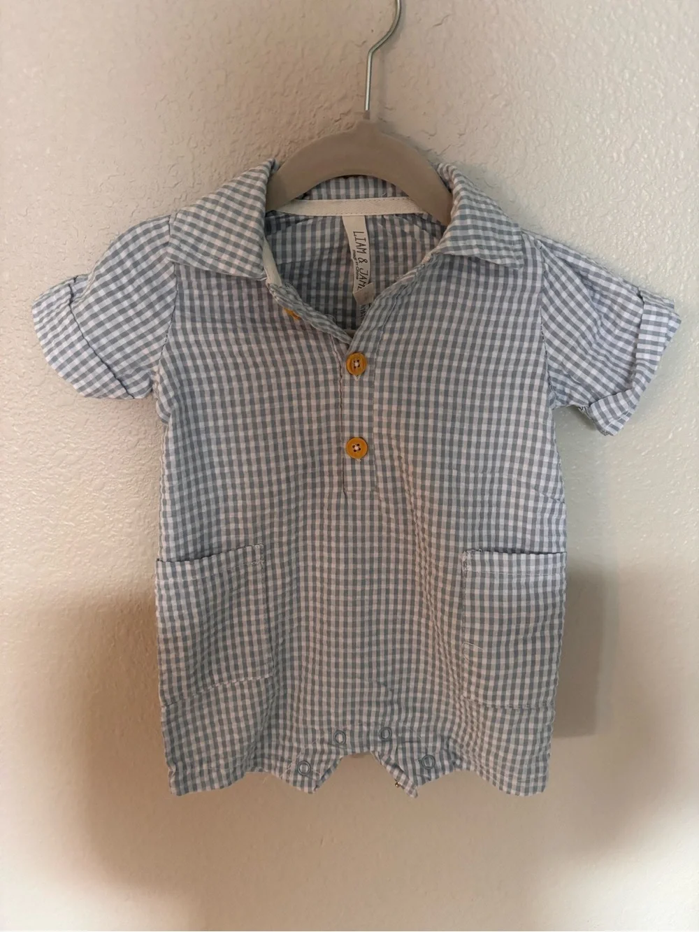 Light Blue Gingham Short-Sleeve One-Piece Bodysuit by Liam & James